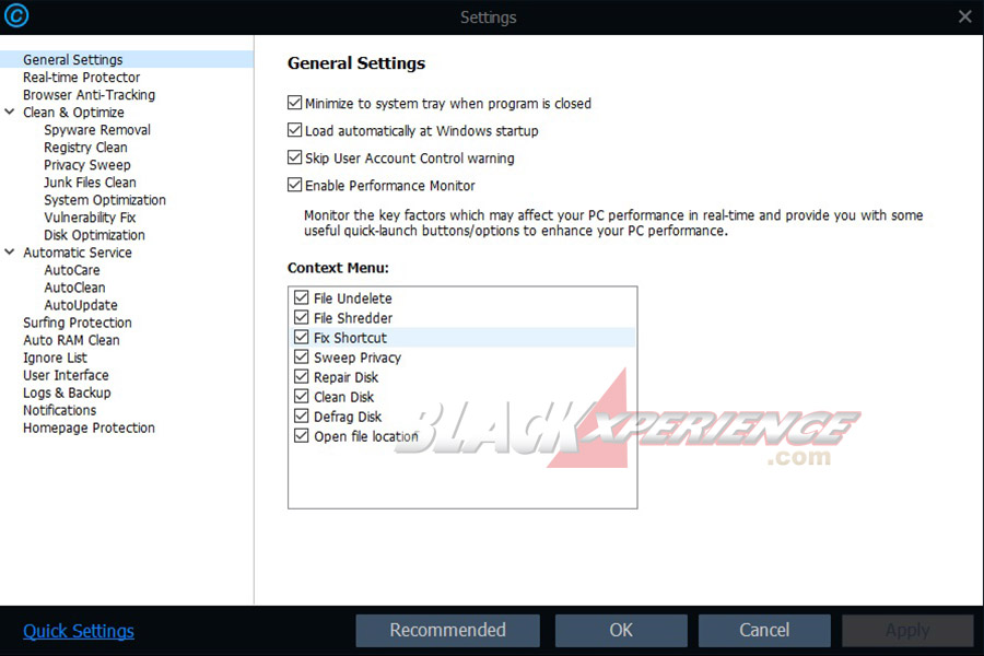 Menu Advance System Care Settings