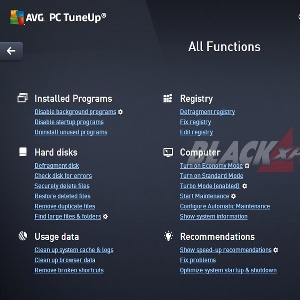 Menu AVG PC TuneUp All Functions