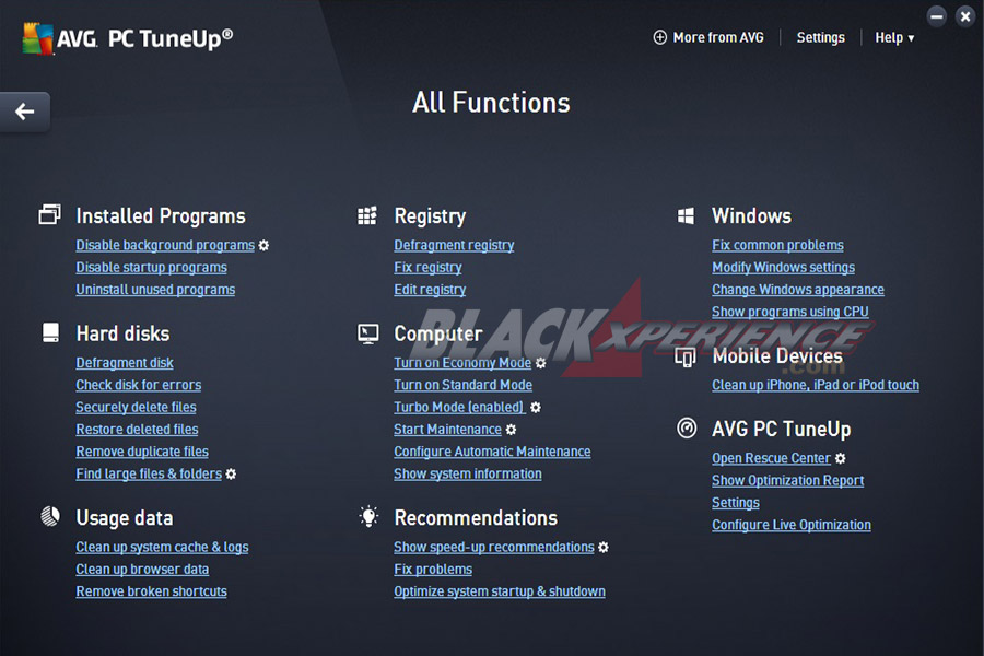 Menu AVG PC TuneUp All Functions